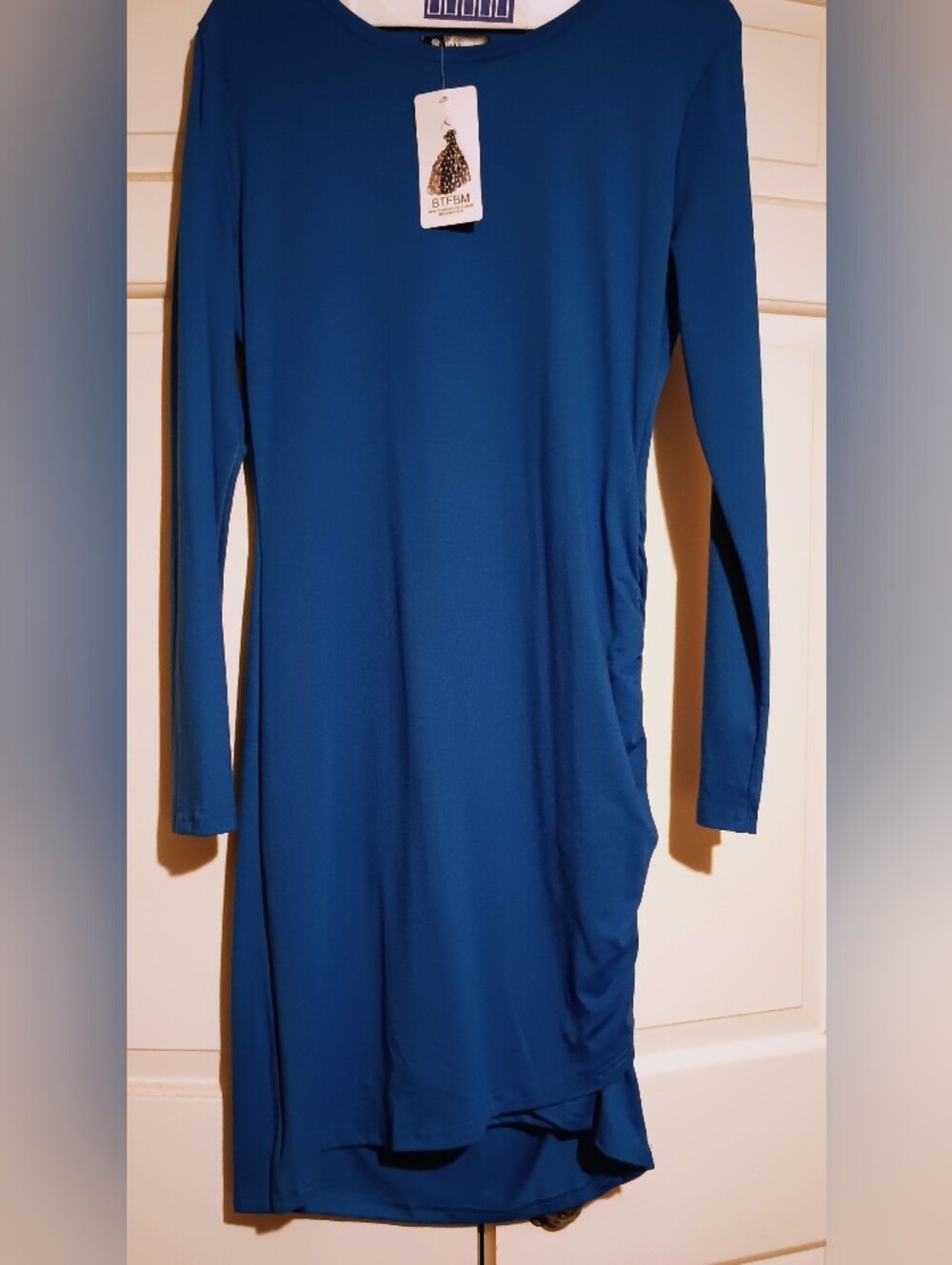BTFBM Blue Long Sleeve Ruched Side Dress NWT